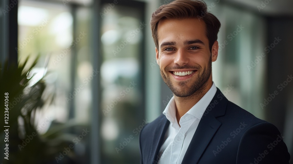 Smiling caucasian young adult male in business attire in modern office setting Smiling caucasian young adult male in business attire in modern office setting