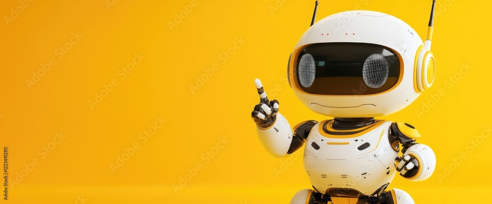 Cute robot points, yellow background, AI tech concept, website banner Cute robot points, yellow background, AI tech concept, website banner