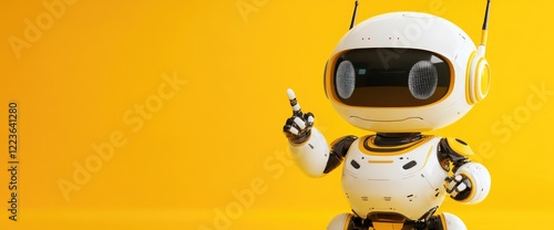 Wallpaper Mural Cute robot points, yellow background, AI tech concept, website banner Torontodigital.ca