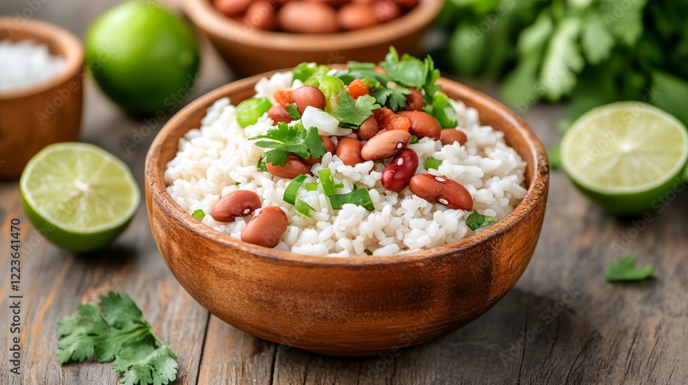 Bowl of rice with beans and lime slices