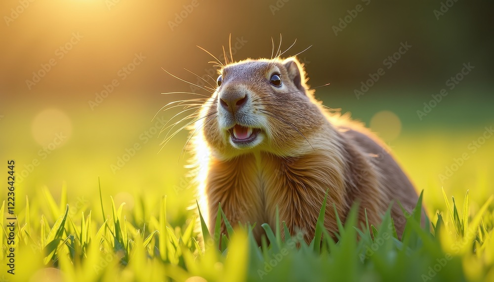 Fototapeta premium Golden Sunset Over Grassland: A Mysterious Ground Squirrel