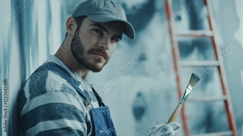 A close-up portrait of a painter in overalls and a cap, holding a paintbrush with a partially painted wall and ladder in the background, Interior painting scene