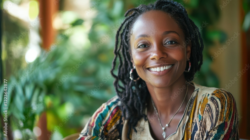 African female young adult smiling indoors with natural light and dreadlocks African female young adult smiling indoors with natural light and dreadlocks