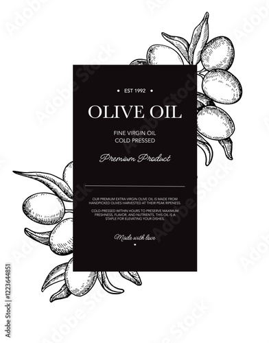 Olive oil design template. Olive leaves and branches vector drawing. Hand drawn label sketch.