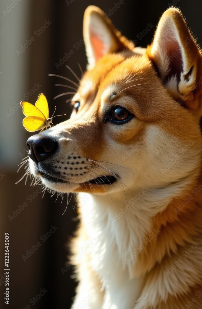 A corgi dog curiously watches a delicate yellow butterfly resting on its nose. Sunlight streams through a window, highlighting the dog's expressive eyes and soft fur. A corgi dog curiously watches a delicate yellow butterfly resting on its nose. Sunlight streams through a window, highlighting the dog's expressive eyes and soft fur.