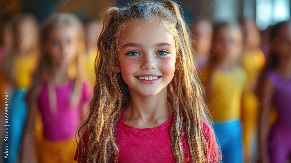 A cheerful girl with curly hair stands in front of a group, smiling brightly, showcasing a vibrant atmosphere of joy and camaraderie. A cheerful girl with curly hair stands in front of a group, smiling brightly, showcasing a vibrant atmosphere of joy and camaraderie.