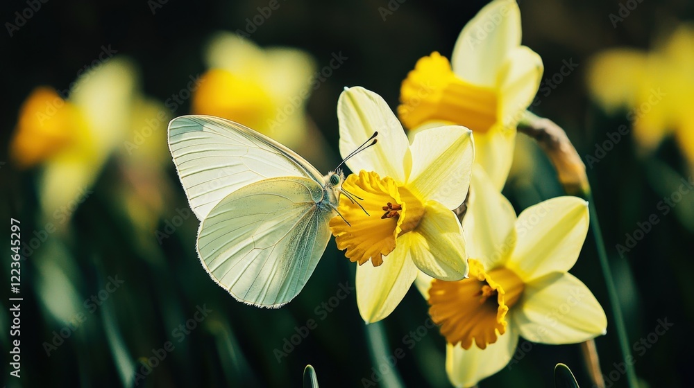 Fototapeta premium A close-up of a butterfly perched on a yellow daffodil, capturing the delicate beauty of nature and the vibrant colors of the flower and insect.