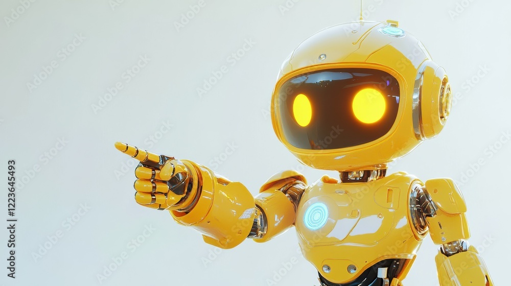 Yellow robot with glowing eyes pointing finger in futuristic design Yellow robot with glowing eyes pointing finger in futuristic design