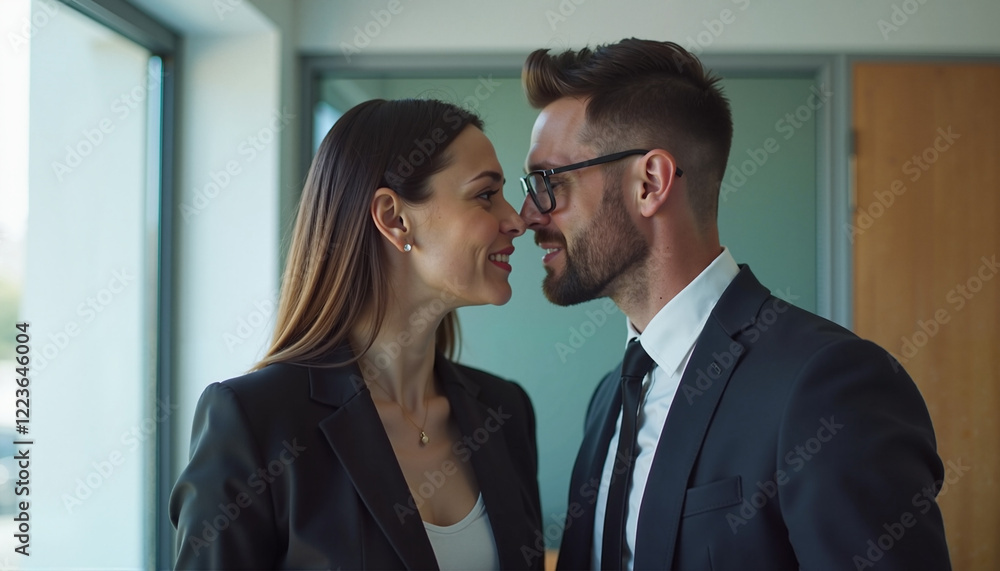 Business couple smiling and sharing a close moment in an office environment Business couple smiling and sharing a close moment in an office environment