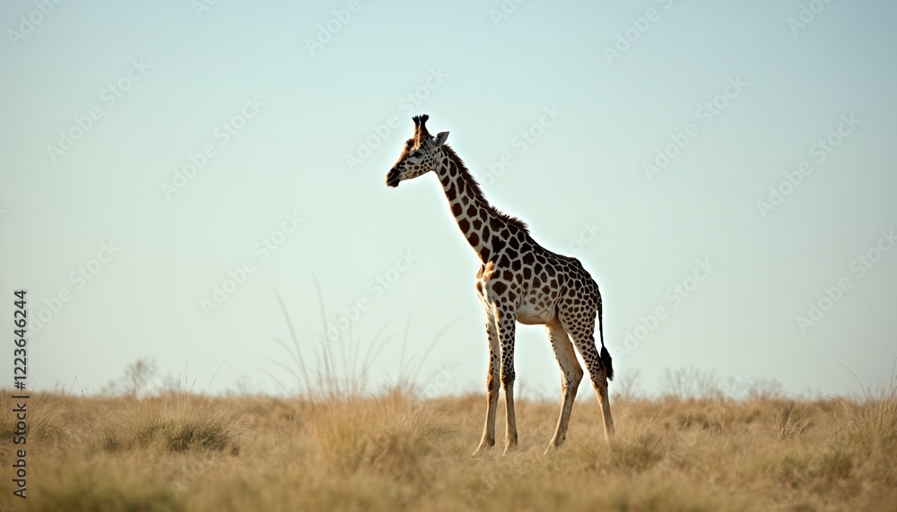 Obraz premium Giraffe standing tall in an open grassy savanna under clear sky.