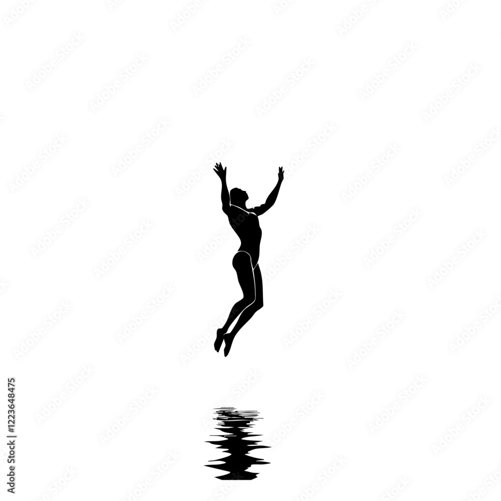 Silhouette of Person Leaping in Air with Reflection on Water Surface Silhouette of Person Leaping in Air with Reflection on Water Surface