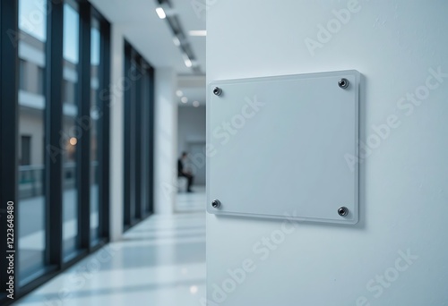 Name plate design mockup handing on door, 3d render. Door sign mock up template on entry in cabinet. Office hall interior with nameplate on door