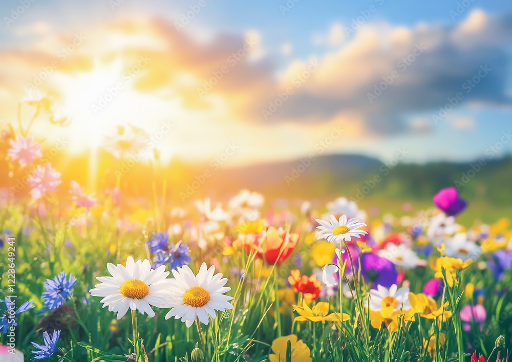 Fototapeta premium Vibrant Summer Meadow with Colorful Wildflowers in Bloom at Dawn