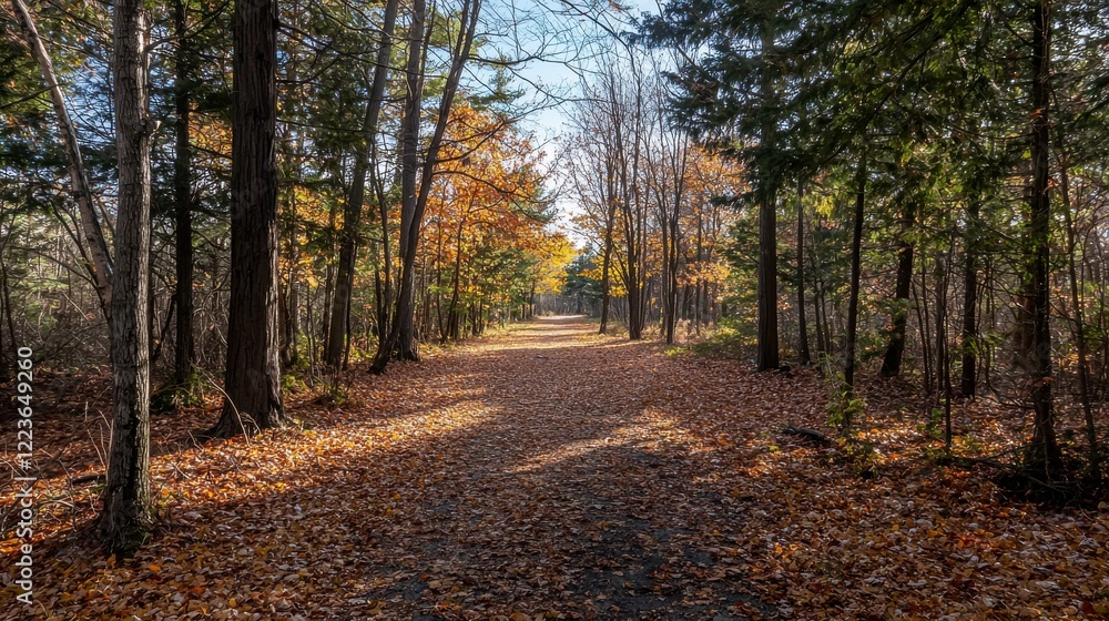 Fototapeta premium Vibrant Autumn Forest Path with Fallen Leaves
