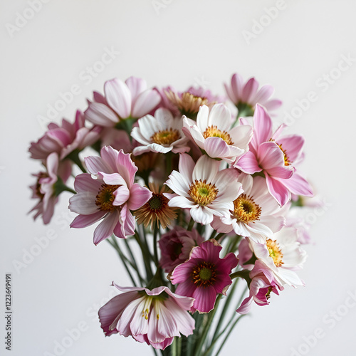 Close-up bouquet of wilted flowers on neutral background photo