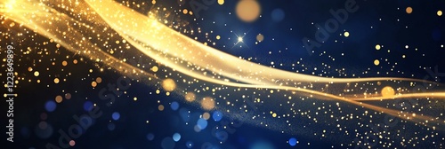 Golden Digital Signature with Sparkling Waves and Light Curtains: Ethereal Particle Explosion on Dark Blue Background