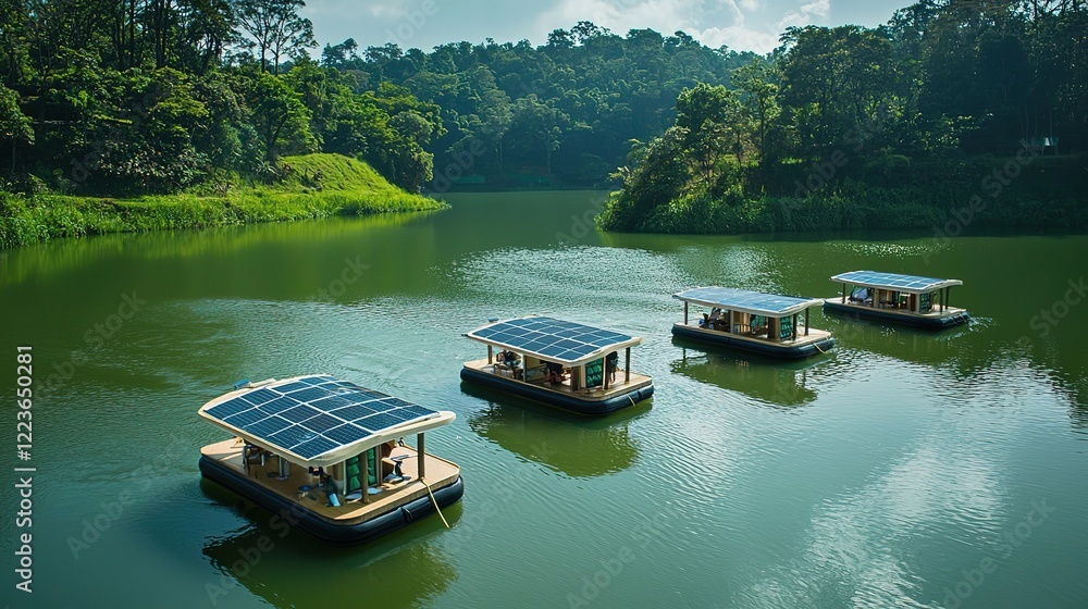 Naklejka premium Aerial view of eco-friendly solar-powered boats transporting tourists in a lush waterway
