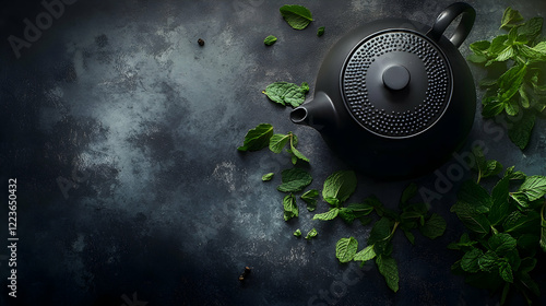 Black iron Asian teapot with mint sprigs for traditional green hot tea
