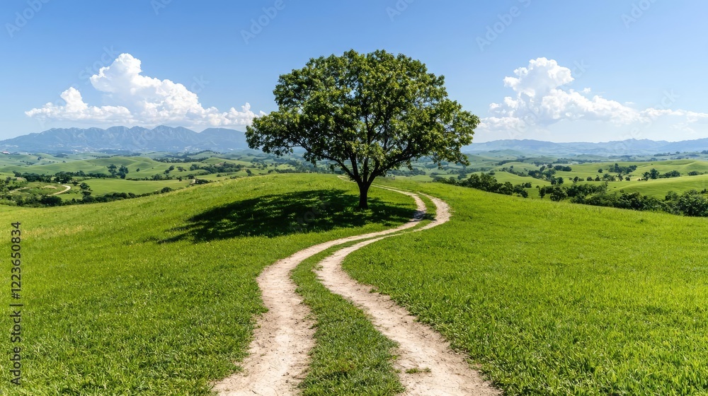 Solitary tree on winding path, scenic hills, blue sky, summer landscape, nature photography Solitary tree on winding path, scenic hills, blue sky, summer landscape, nature photography