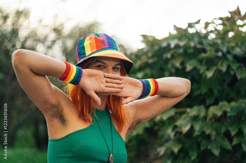 Naklejka premium Young activist showing underarm hair and covering face with hands