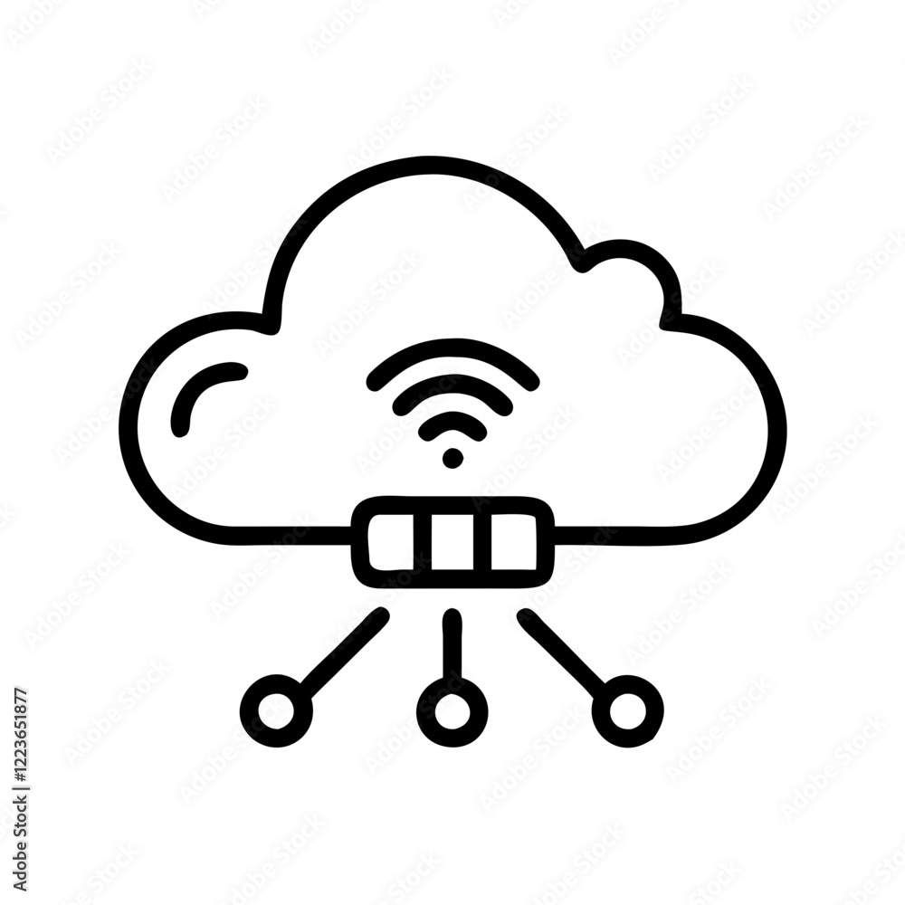 Cloud computing icon, black outline, white background. Cloud, network, data. Use for tech blogs, cloud service websites, UI/UX.