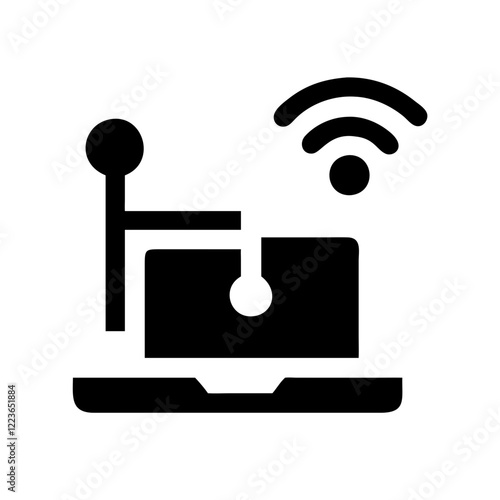 A black silhouette icon of a laptop with a Wi-Fi signal above it. Use for technology blogs, internet service websites, and wireless connectivity concepts.