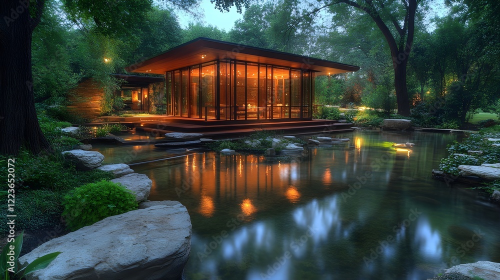 Fototapeta premium A glass pavilion house surrounded by a reflective water feature and soft landscape lighting.