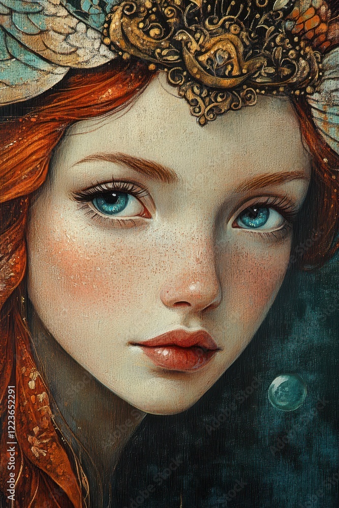 Naklejka premium Folk Russian Illustration of The Little Mermaid with Red Hair and Underwater Elements