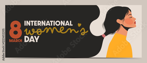 Unique International Women's Day, March 8 banner, cover, poster, greeting card, label, flyer with woman profile and vibrant, colorful details, light background, vector illustration