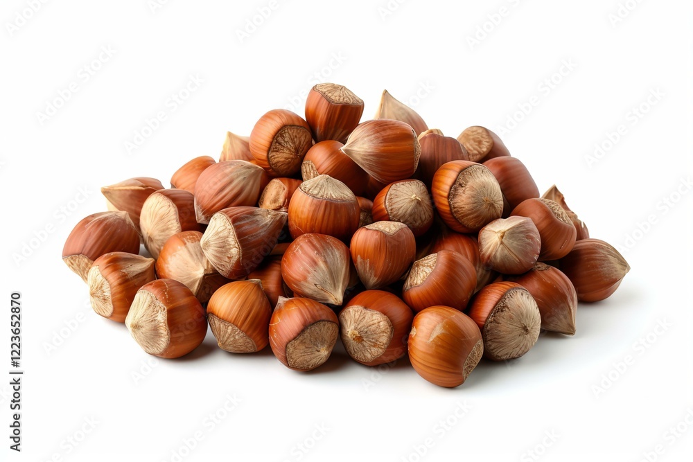 Close up of a group of hazelnuts forming a small mountain, isolated on a white background, ideal for representing healthy eating or baking ingredients Close up of a group of hazelnuts forming a small mountain, isolated on a white background, ideal for representing healthy eating or baking ingredients