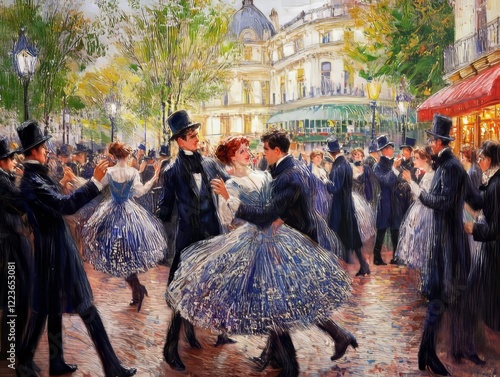 Elegant couples dancing in the street during international dance day in Paris