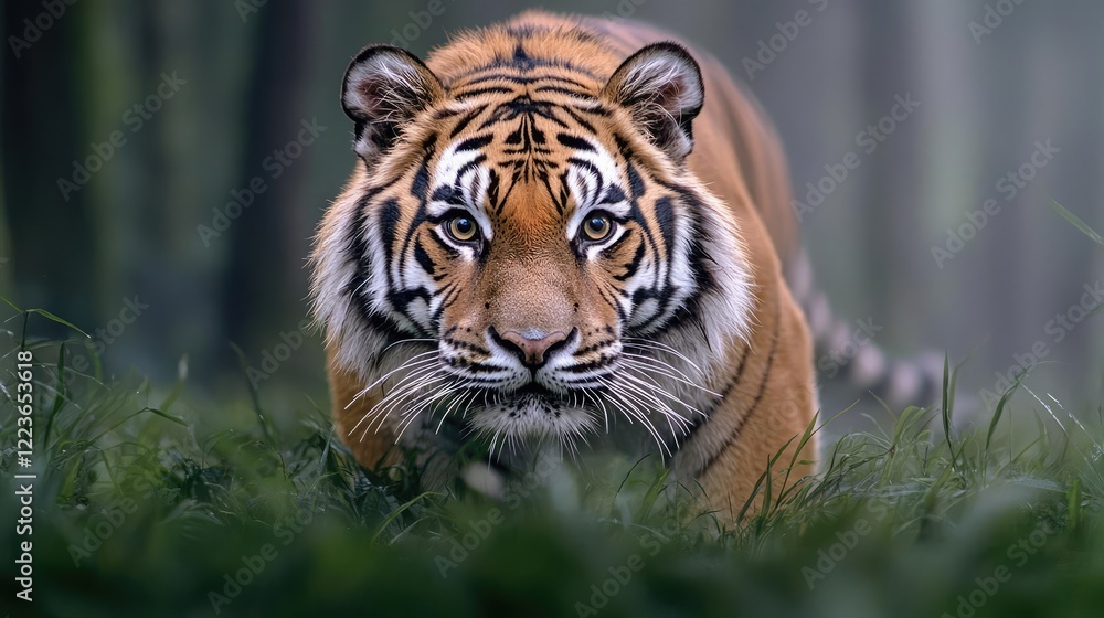 Majestic tiger stalking through misty forest Majestic tiger stalking through misty forest