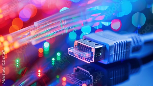 Fiber optic cables transmitting data with colorful bokeh background glow photo