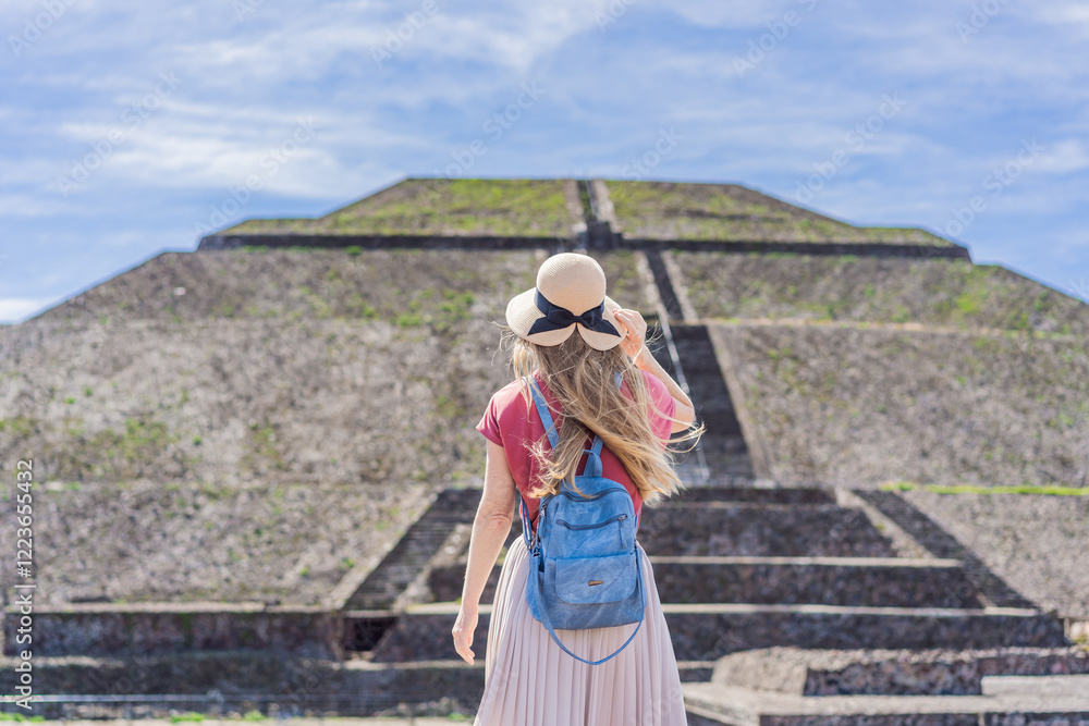 Naklejka premium Female tourist exploring Teotihuacan, Mexico. Cultural heritage, ancient ruins, and archaeological adventure concept