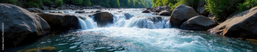 Shimmering river water cascades over rough rocks, landscape, nature, scenery Shimmering river water cascades over rough rocks, landscape, nature, scenery