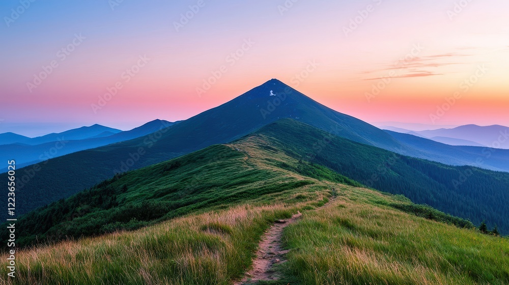 Obraz premium A serene mountain landscape at sunrise, featuring a winding path leading to a peak surrounded by lush greenery and misty hills in the background.