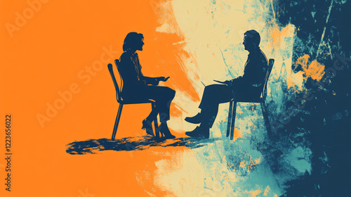 silhouettes of two people engaged in conversation against an abstract textured background in orange and blue  
