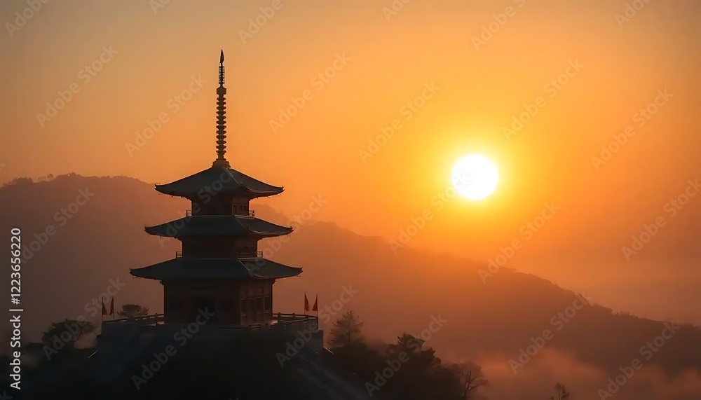 Sunrise Illuminates Pagoda on Misty Mountain Sunrise Illuminates Pagoda on Misty Mountain