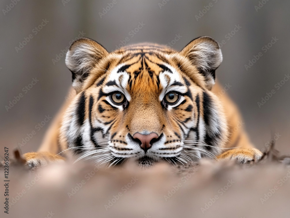 Naklejka premium Wild tiger in a stealthy hunting position in nature