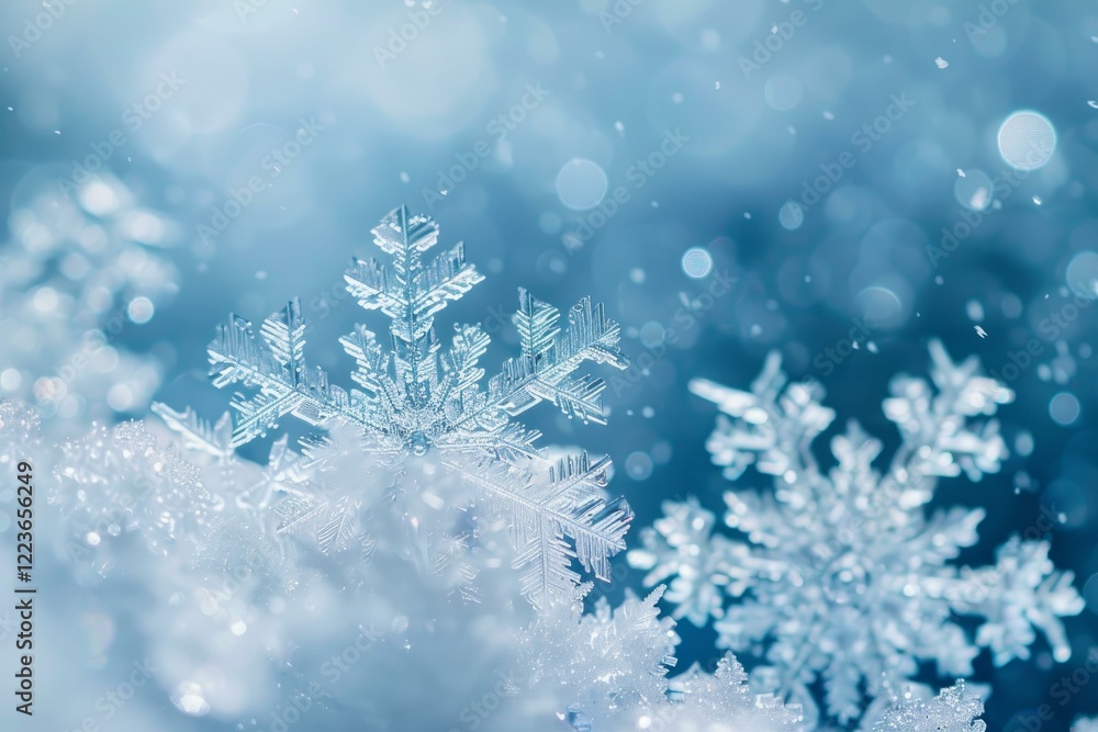Beautiful snowflakes falling on snow creating a winter wonderland with a blue background Beautiful snowflakes falling on snow creating a winter wonderland with a blue background