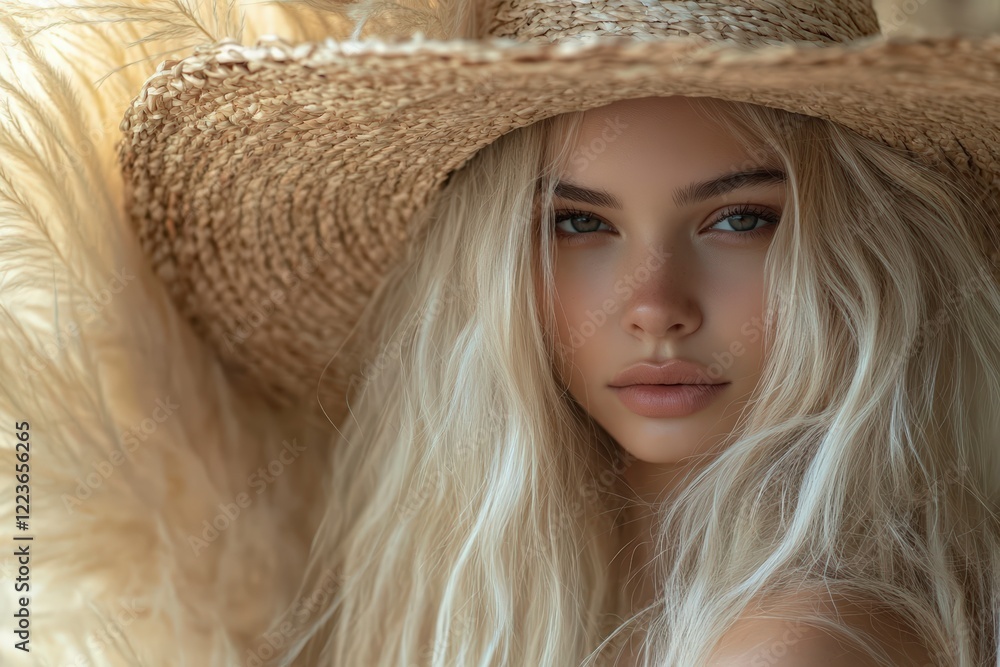 Stunning blonde woman in a sunlit straw hat Stunning blonde woman in a sunlit straw hat