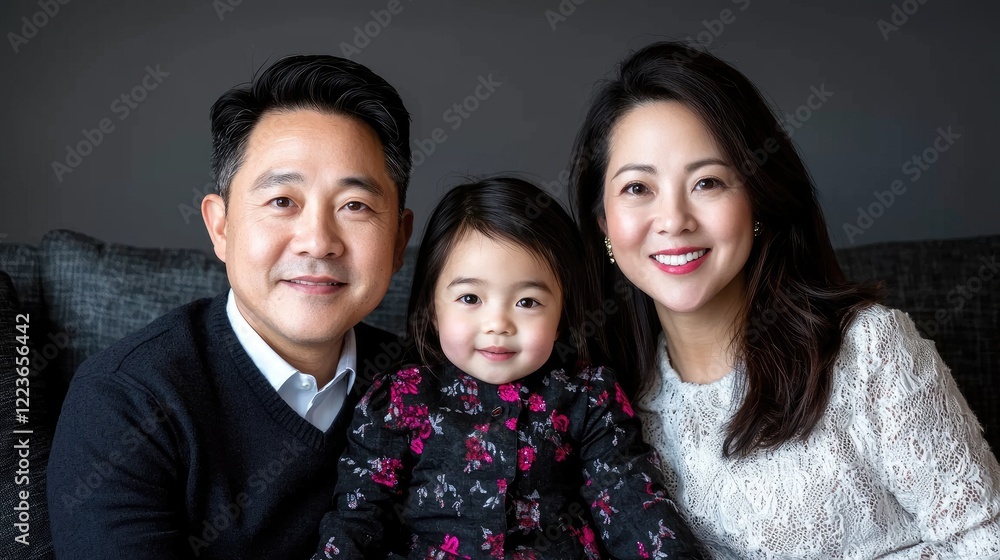 Happy Asian family portrait on sofa, studio background. Ideal for family, love, togetherness themes Happy Asian family portrait on sofa, studio background. Ideal for family, love, togetherness themes