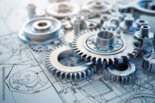 Shiny metal cogwheels laying on technical drawing plans photo