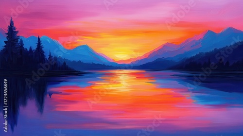 Wallpaper Mural A vibrant sunset reflecting over a tranquil lake, surrounded by mountains and silhouetted trees, showcasing a blend of warm hues and cool tones. Torontodigital.ca
