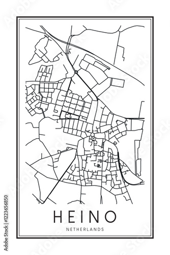 Printable downtown road map poster of the Dutch city of HEINO on solid white background with city name