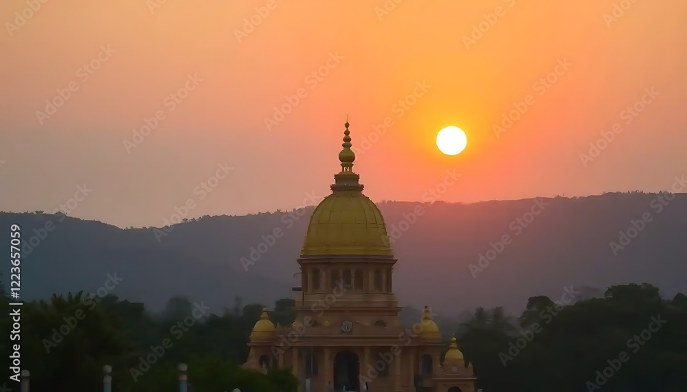 Obraz premium Golden Dome Building Sunset Silhouette Landscape