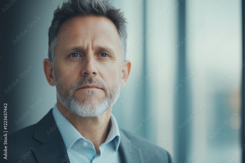 Man wearing a gray suit standing in a gray office, professional expression