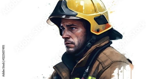 Digital painting style illustration of a serious, pondering firefighter, professional rescuer in full gear, protective suit and helmet. photo