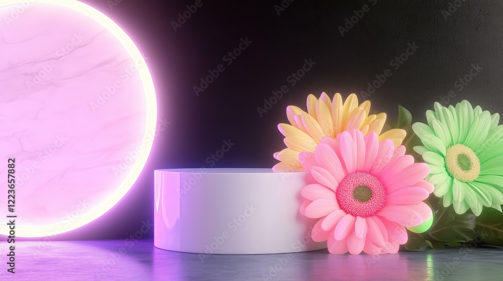 Futuristic floral display with neon circle in modern minimalist setting Futuristic floral display with neon circle in modern minimalist setting