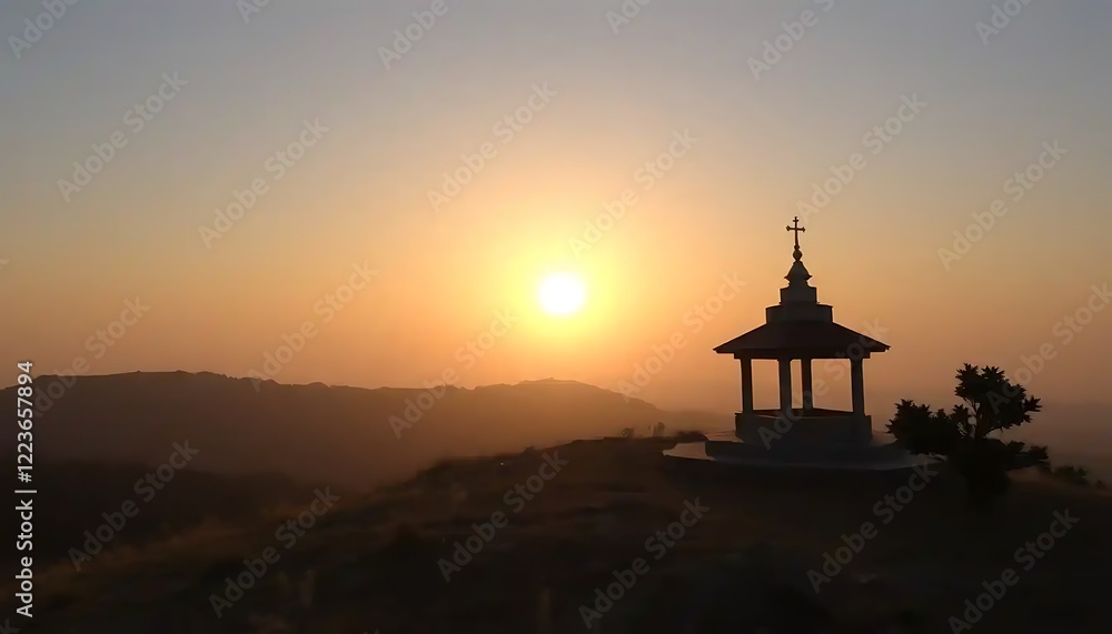 Fototapeta premium Sunset Silhouette Of A Hilltop Gazebo With A Cross